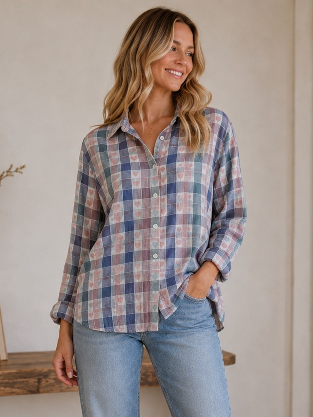 Vtg 90s Alfred Dunner Dainty Hearts Plaid Button Blouse Pastel Cottagecore 14P